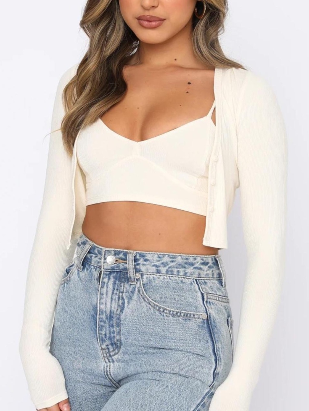 White Fox Who We Are Two Piece Sweater Crop Set BROWN Small